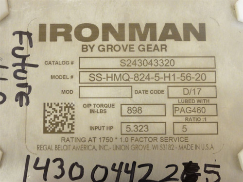 Grove Gear SS-HMQ-824-5-H1-56-20; Gearbox S243043320 5:1 Ratio