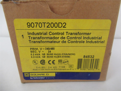 Square D 9070T200D2;  Transformer 200VA; Pri: 240/480V to 24V