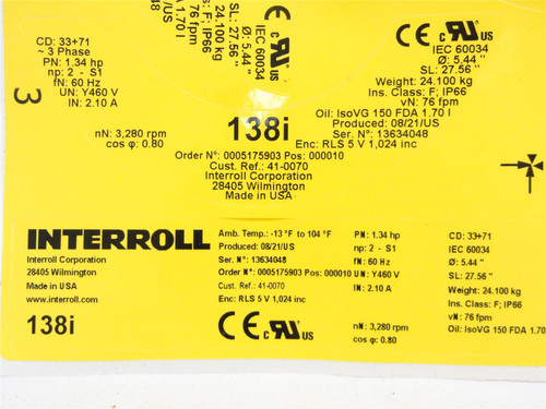 Interroll 138i; Drum Motor 27-3/4"W belt; 76fpm; 460V 3Ph