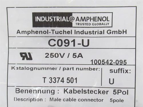 Amphenol T3374501U; Male Circular Connector Plug; 5-Position