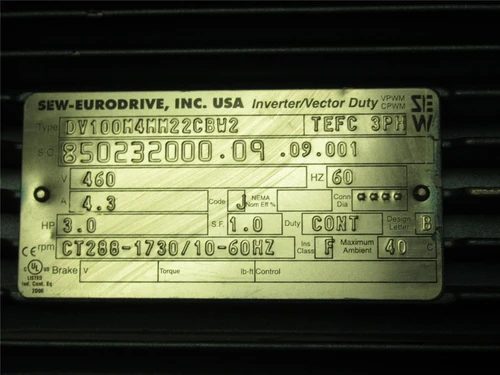 SEW-Eurodrive DV100M4MM22CBW2; Motor W/ Drive Inverter; 3HP