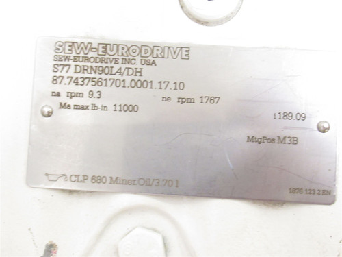 SEW S77DRN90L4/DH; Gearmotor 190:1 Ratio; 2HP; 230/460VAC; 3P