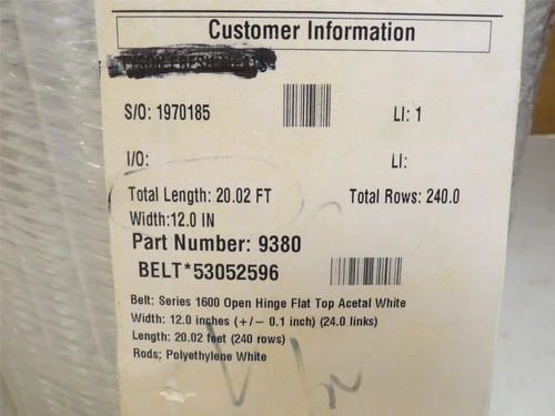 Intralox S1600-12-20; Open Hinge Flat Top Belt; 12" W x 20" L