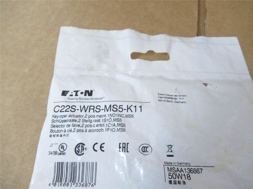 Eaton C22S-WRS-MS5-K11; Key Switch Actuator 2 Position 5mm