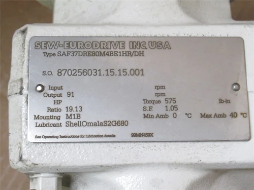 SEW SAF37DRE80M4BE1HR/DH; AC Gear Motor; 1HP; 19.13:1 Ratio