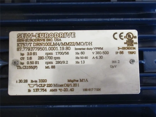 SEW KT57/TDRN100LM4/MM22/MO/DH; AC Gearmotor; 30.28:1 Ratio