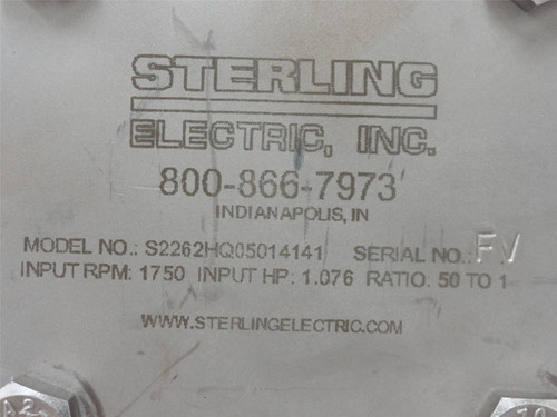 Sterling Elec S2262HQ05014141; Gearbox Ratio 50:1 7/8"ID Input