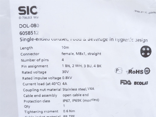 SICK DOL-080-4-G10MRN; Actuator Connector Cable 6058512