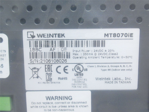 Weintek MT8070IE; Touch Screen 7"TFT; 128MB; 500:1 Contrast