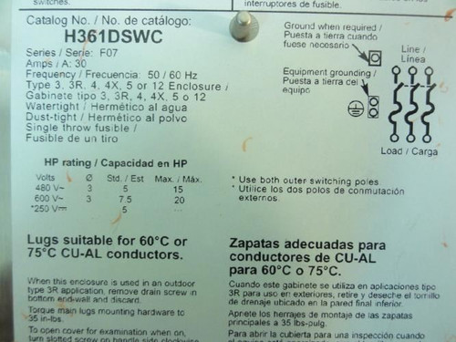 Square D H361DSWC; Disconnect Switch; 30A; 3P; 600V; 250VDC