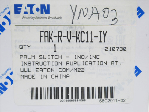 Eaton FAK-R-V-KC11-IY; E-Stop Palm Switch; 1-NO; 1-NC; 22.5mm