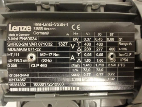 Lenze GKR03-2M--VAR-071C32; Motor Gearbox; 480V;  0.95A; 60Hz