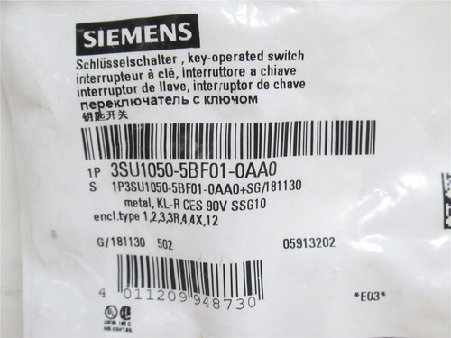 Siemens 3SU1050-5BF01-0AA0; Mounted Key Switch; 2-Pos; 22.5mm