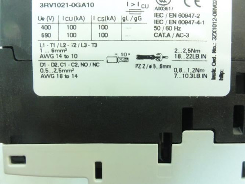 Siemens 3RV1021-0GA10; Manual Motor Starter 0.45-0.63A 3P 575VAC