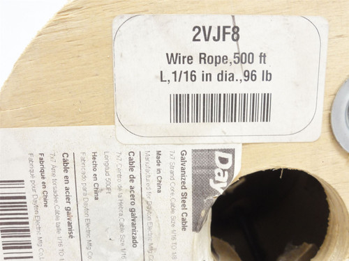 Dayton 2VJF8; Roll-400; Galvanized Wire Rope; Size: 1/8"OD