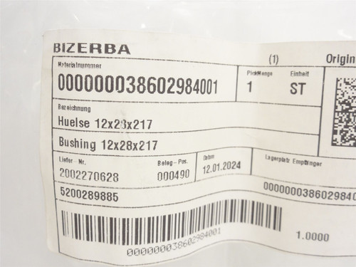 Bizerba 38602984000; Bushing; 12mmID x 28mmOD x 217mm Long