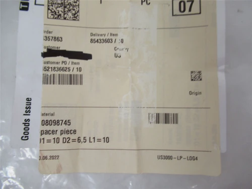Multivac 108098745; Lot-2 Spacer 10mmL 10mmOD 6.5mm ID