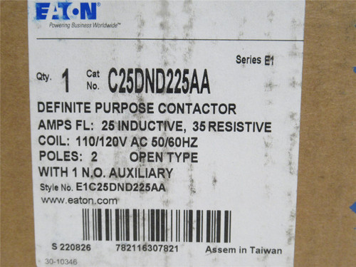 Eaton C25DND225AA; Contactor; 25A; 2P; 600VAC; Coil: 110/120V