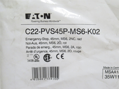 Eaton C22-PVS45P-MS6-K02; E-Stop Push Button; Red; 110/230VAC