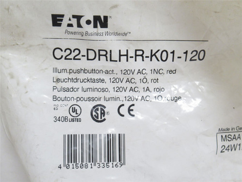Eaton C22-DRLH-R-K01-120; Illumin Push-Button; Red; 1NC; 120V