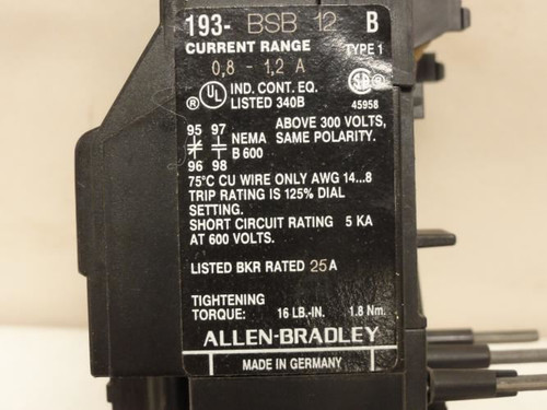 Allen-Bradley 193-BSB12; Thermal Overload Relay; 0.8-1.2 Amp 3P; 600V