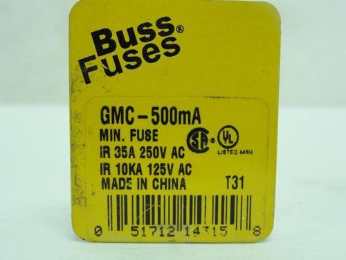 Bussmann GMC-500mA; Box-5 Time Delay Glass Fuse 500mA; 250VAC