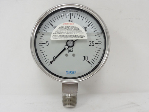 Wika 233.50-4"; Pressure Gauge; 1/2"NPT; 0-30PSI; 4" Face