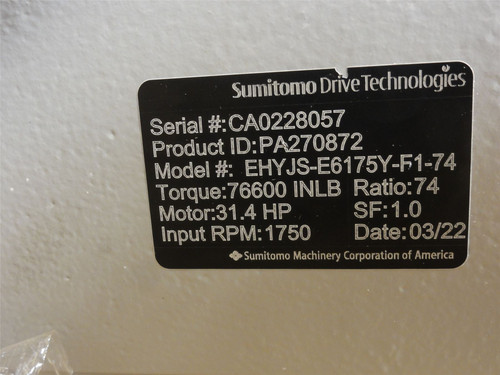 Sumitomo EHYJS-E6175Y-F1-74; Gearbox PA270872; 74:1 Ratio