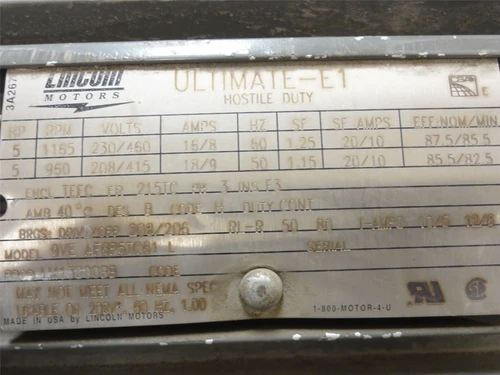 Lincoln LM13800BB; Motor 5HP; 230/460VAC; 1165RPM; 3PH; 16/8 Amps