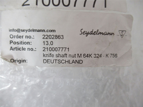 Seydelmann 210007771; Knife Shaft Nut M64K 324K 756