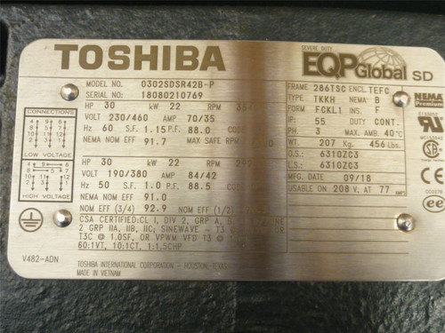 Toshiba 0302SDSR42B-P; Motor; 30HP; 230/460VAC; 3540RPM