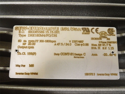 SEW DRE180M4/FG/DH; AC Motor. 20HP; 230/460VAC; 1800RPM; 3PH