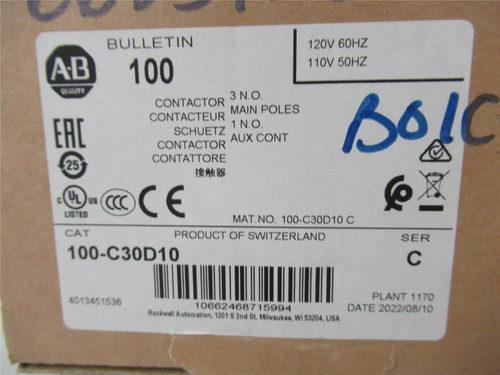 Allen-Bradley 100-C30D10; Contactor 30A 3P Coil: 120VAC