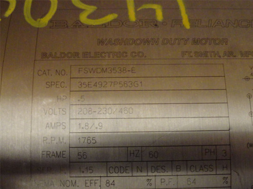 Baldor FSWDM3538-E; AC Motor SS; 1/2HP; 230/460V; 1765RPM; 3PH