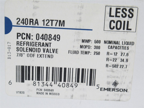 Emerson 240RA 12T7M; Solenoid Valve Body; No Coil; 7/8" ODF
