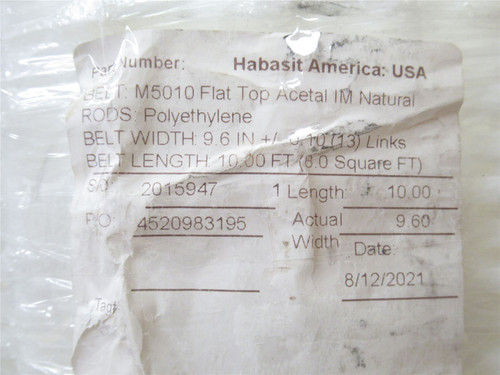 Habasit M5010; Flat Top Belt 9.6" Wide; 9.6' Long