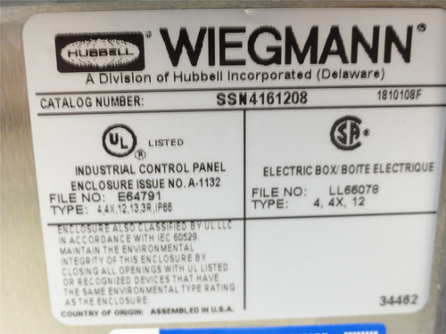 WIEGMANN SSN4161208; Enclosure; 304SS; N4X; 14ga; 16"H x 12"W
