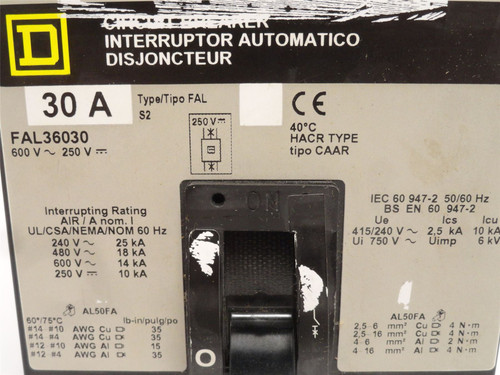 Square D FAL36030; Circuit Breaker; 30A; 3P; 600VAC