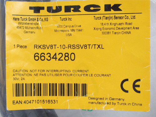 Turck RKSV8T-10-RSSV8T/TXL; Actuator and Sensor Cable; 30V