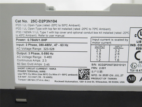 Allen-Bradley 25C-D2P3N104; PowerFlex AC Drive 1HP 380-480VAC