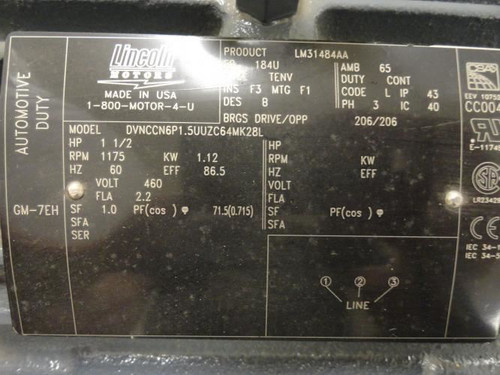 Lincoln DVNCCN6P1.5UUZC64MK28L; AC Brake Motor 1-1/2HP 460V