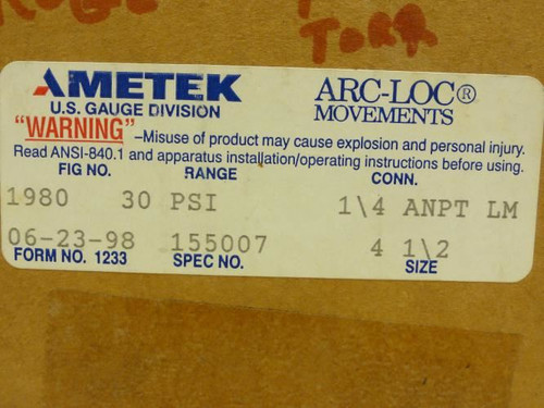 US Gauge 155007; Pressure Gauge; 0~30psi; 1/4 NPT; Ser: 1980