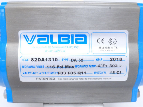 Valbia 82DA1310; Actuated Ball Valve; SS; 1-1/2NPT; 116PSI