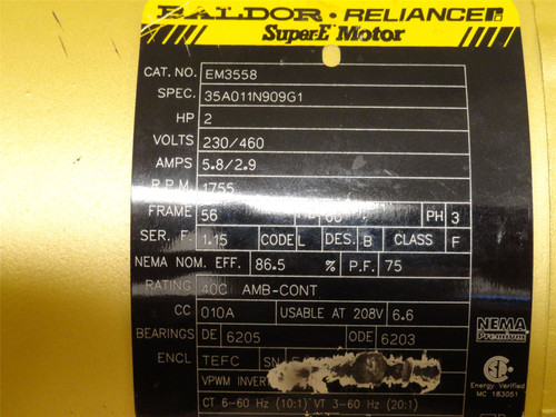 Baldor EM3558; AC Motor 2HP; 208-230/460V; 1755RPM; 3PH