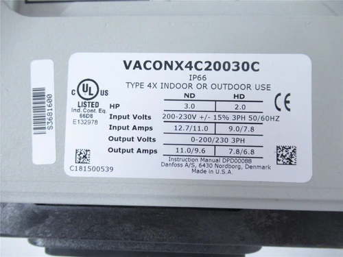Danfoss Vacon X4C20030; AC Drive 3 Phase 9.6A 3HP Missing Cover