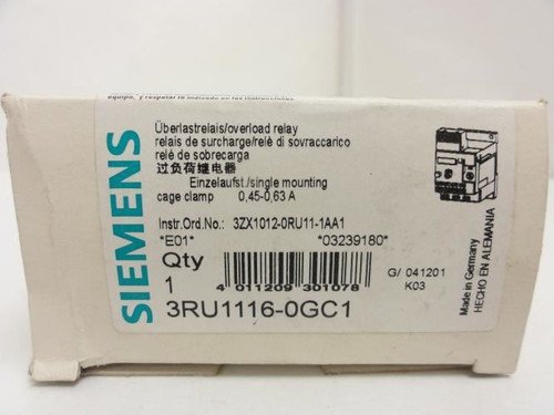 Siemens 3RU1116-0GC1; Overload Relay 0.45~0.63A; 3P; 600VAC