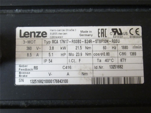 Lenze MCA 17N17-RSOBO-B24R-STBF10N-ROSU; Servo Motor; 5.1HP