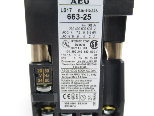 AEG 910-302-663-25-24; Contactor; 30A; 600VAC; 3P; Coil: 24V