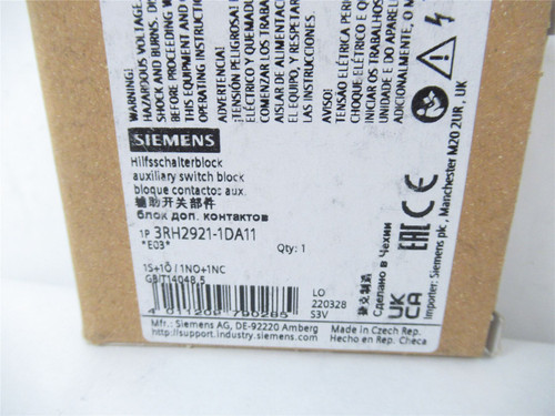 Siemens 3RH2921-1DA11; Aux Contact Block 2 Contacts 600 VAC
