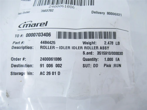 Marel 4484425; Idler Roller Assembly